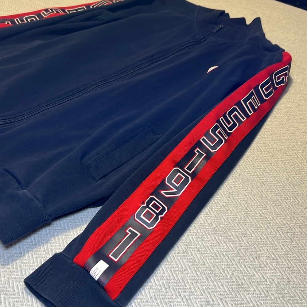 GUESS Men's Navy Zip Jacket with Red and White Accents. Size Large. - Picture 2 of 10
